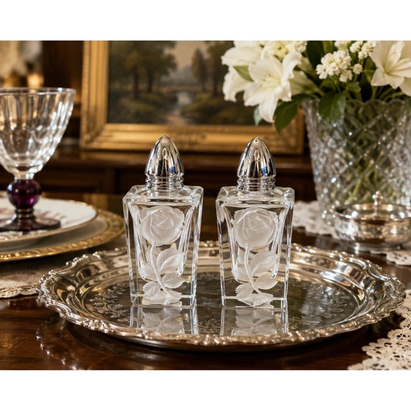 Other - VTG Hand Cut Crystal Rose Salt Pepper Shakers Square Glass Silver Tone Germany
